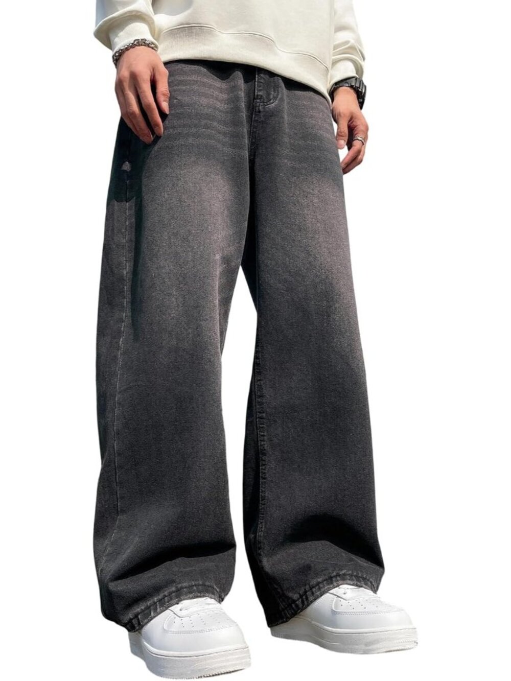 Men's Light Grey Wide Leg Loose Fit Hip Hop Streetwear Casual Denim Baggy Jeans